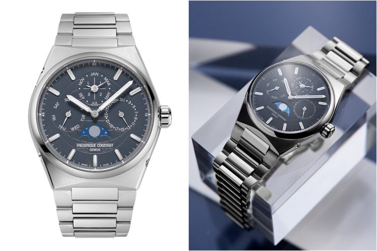 康斯登推出新款Highlight萬年曆腕表，並以深灰藍色面盤為主視覺。圖 / 康...