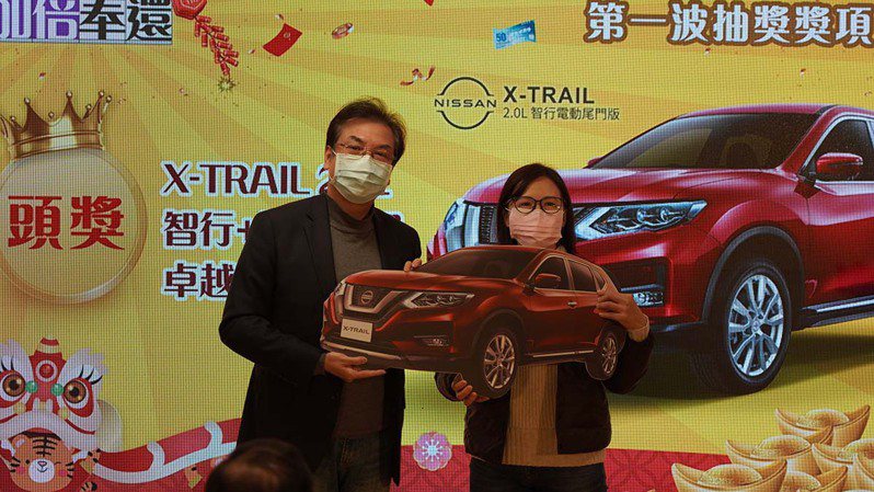 新北市副市長劉和然(左)致贈第一波頭獎百萬汽車給幸運兒蘇小姐(右)。 圖／新北市政府經濟發展局 提供