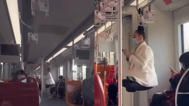 上海地鐵內驚現一名將長髮綁在扶手上，懸空打坐的「功夫女子」。（微博）