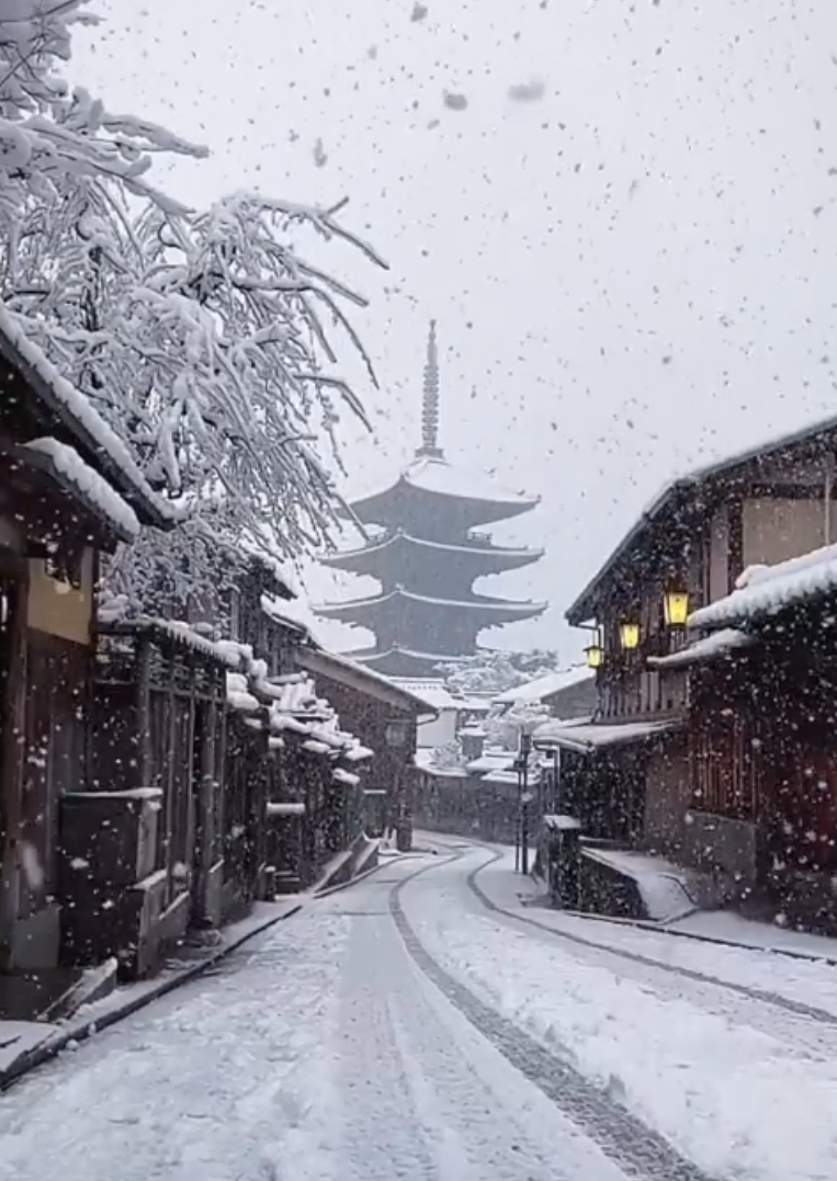 網友將京都雪景倒帶播放，意外產生夢幻般的效果。圖擷取自twitter