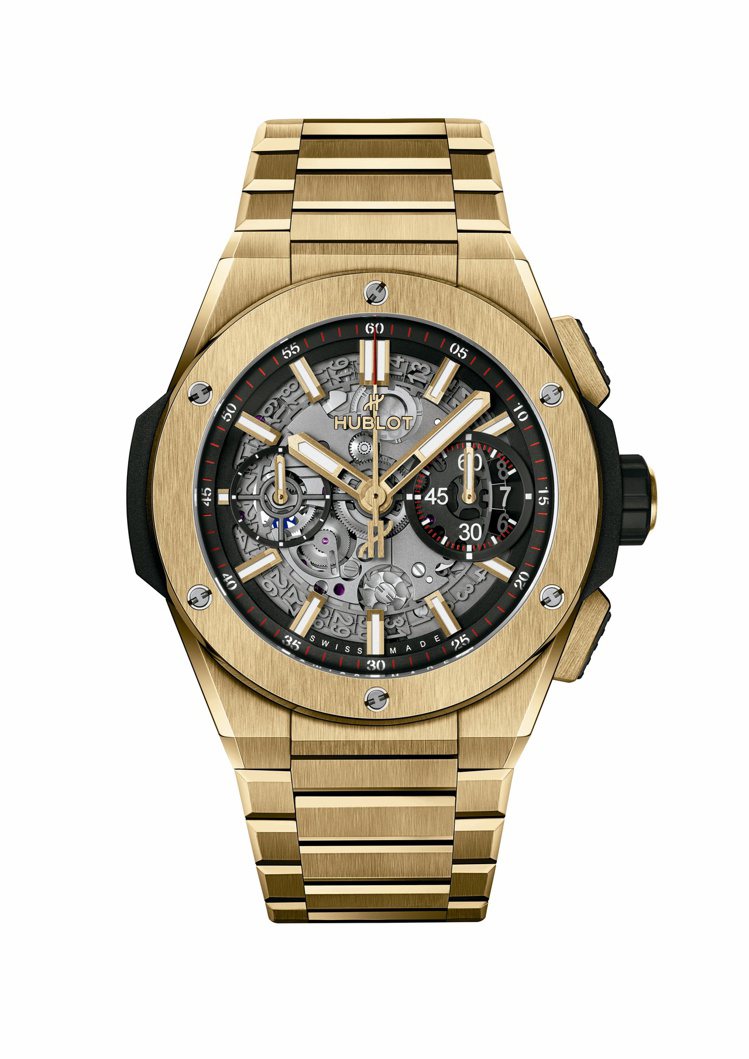 Big Bang Unico黃金鍊帶計時腕表，42毫米緞面及拋光18K黃金表殼表圈與鍊帶、MHUB1280自動上鍊飛返計時機芯配導柱輪，163萬2,000元。圖／宇舶表提供