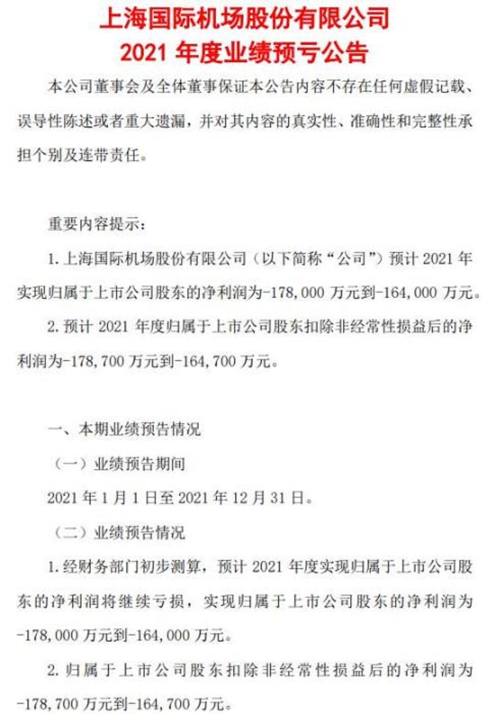 上海機場24日收盤後發布2021年業績預虧公告。公告截圖