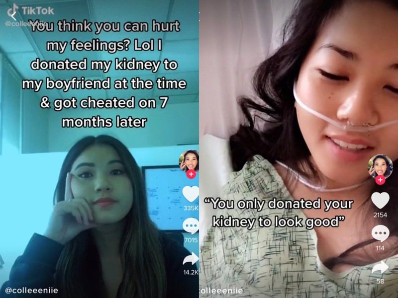 女網友發文分享，她曾為了救患有慢性病的男友而捐腎臟給他，沒想到男友出院七個月後在一場單身派對上偷吃。圖擷自TikTok