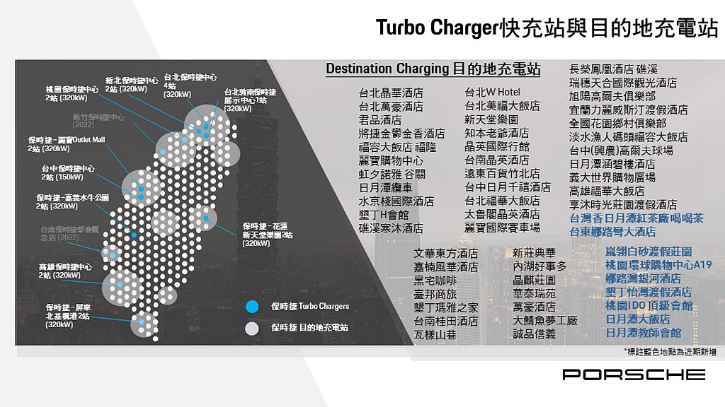 台灣保時捷高速充電站與目的地充電站列表。 圖／Porsche提供