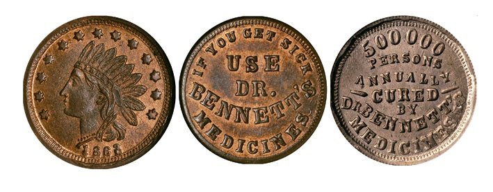 這枚美國硬幣一邊是中規中矩的印地安人頭像，下方記著1863年，翻過來，背面卻在賣藥「生病，就用班耐特醫師的藥物」。從另外一枚硬幣上「班耐特醫生的藥物，一年治癒50萬人」（500,000 persons cured by Dr Bennett's Medicine）字句，就很容易可以看出它是誇大不實的偽醫學。
圖/洪惠風提供