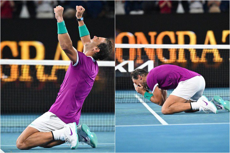 在後來居上逆勢奪冠後的西班牙職業網球天王納達爾（Rafael Nadal），奪冠...