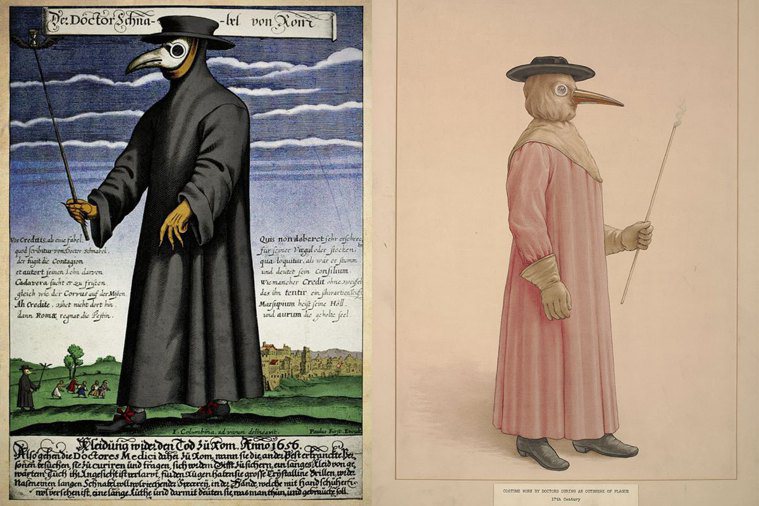 惡名昭彰的瘟疫醫生服裝有一張邪惡的鳥喙面具。 圖／取自維基百科
