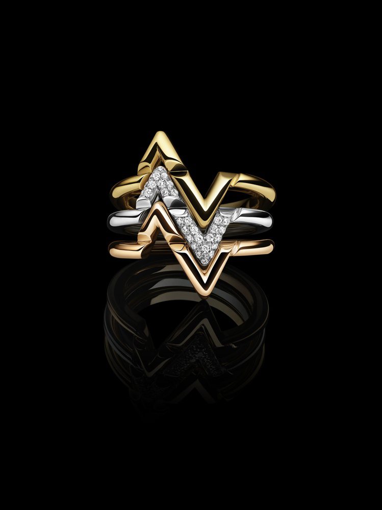 LV Volt Upside Down黃K金戒指，75,000元；白K金鑲鑽戒指，14萬3,000元；玫瑰金戒指，75,000元。圖／路易威登提供