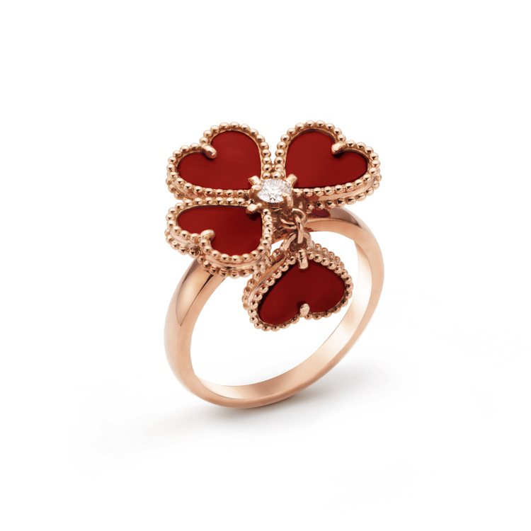 Sweet Alhambra Effeuillage戒指，玫瑰金鑲嵌紅玉髓、鑽石...