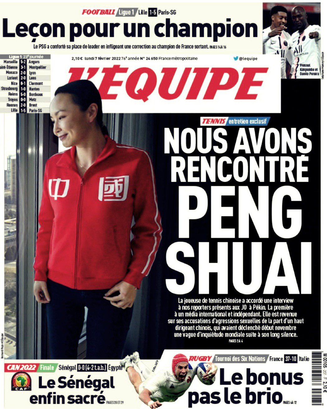 彭帥在北京時間2月6日上午接受法國權威的運動媒體《隊報》（L’Equipe）獨家...