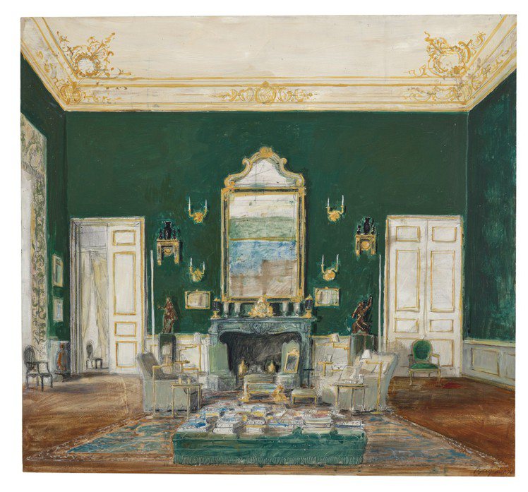 Pieere Bergian於2021年所繪的Hôtel d’Orrouer內綠色沙龍（Salon vert）（僅供參考，非拍品）。圖／佳士得提供