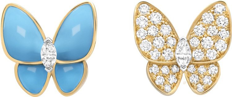 Two Butterfly耳環，黃K金與白K金鑲嵌綠松石、鑽石，約65萬5,000元。圖／梵克雅寶提供