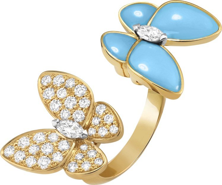 Two Butterfly Between the Finger指間戒，黃K金與白K金鑲嵌綠松石、鑽石，65萬5,000 元。圖／梵克雅寶提供