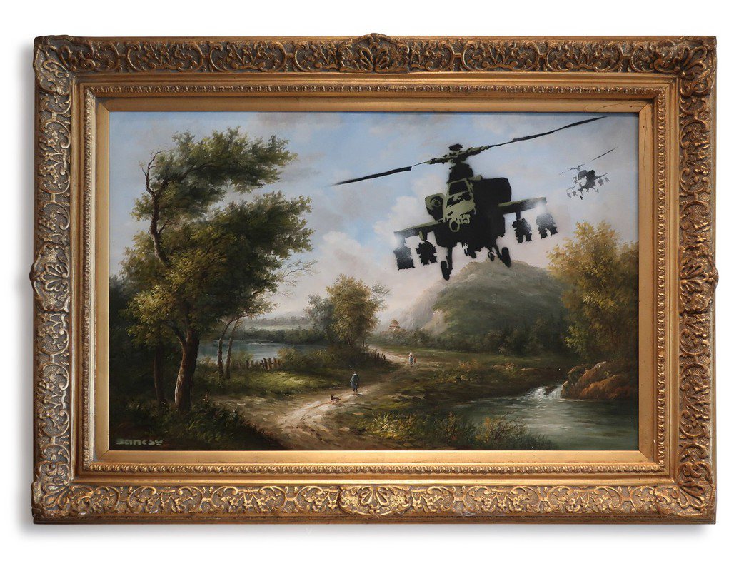 羅比威廉斯所收藏的班克斯「惡搞油畫（直升機）」，估價250萬英鎊起。圖／蘇富比提...