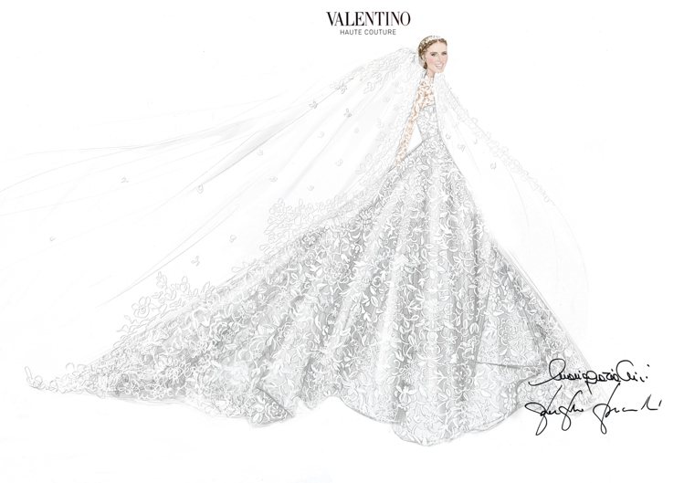 VALENTINO為名媛妮基希爾頓打造的訂製婚紗草圖。圖／VALENTINO提供