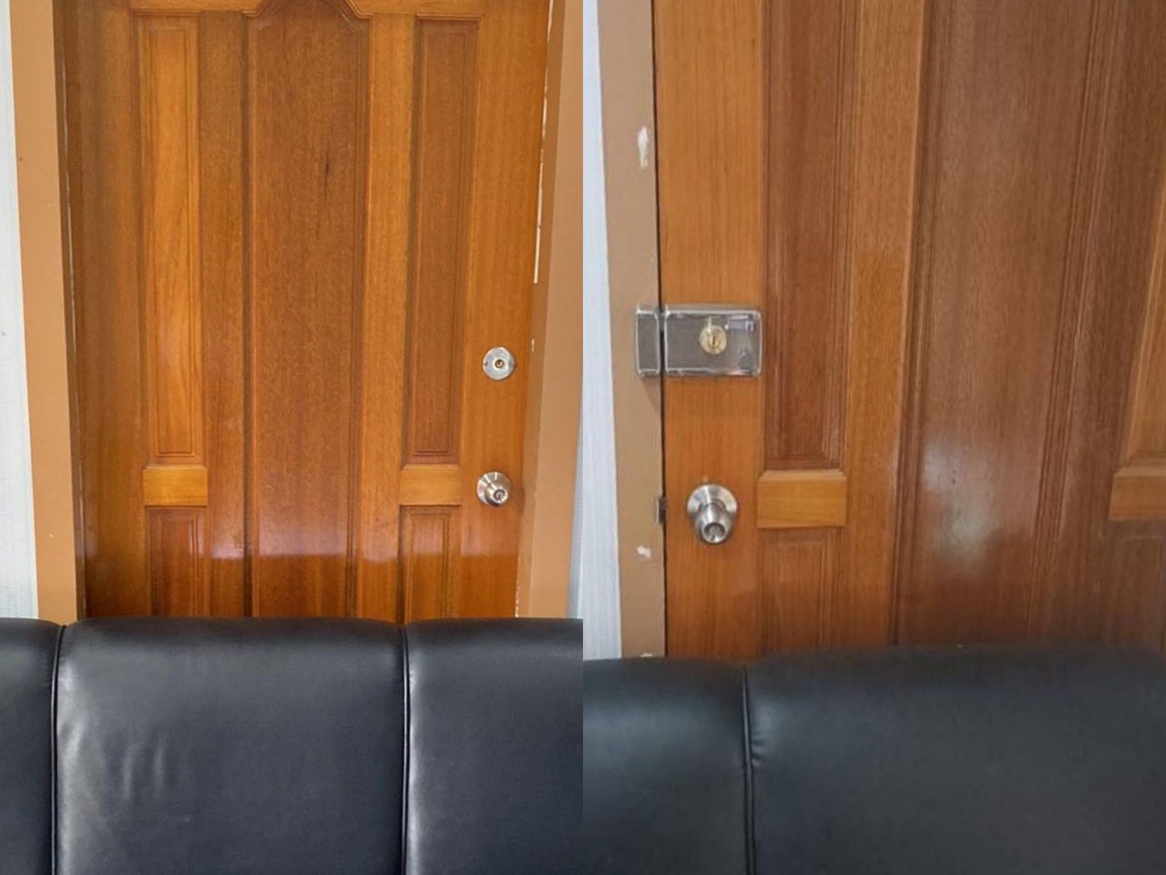 林小姐出示照片證明，自己的房間（左）包括雙頭鎖和喇叭鎖都無法自己鎖上，因為開關都在隔壁的房間（右）。圖／讀者提供