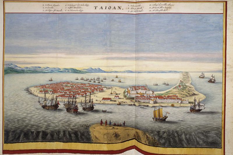 福建水師提督施琅曾提議把台灣歸還荷蘭，圖為休昂·布勞繪製的1644年大員市鎮鳥瞰圖，荷蘭米德爾堡澤蘭博物館收藏。圖／取自維基百科