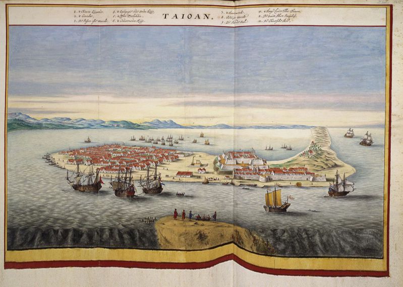 福建水師提督施琅曾提議把台灣歸還荷蘭，圖為休昂·布勞繪製的1644年大員市鎮鳥瞰圖，荷蘭米德爾堡澤蘭博物館收藏。圖／取自維基百科