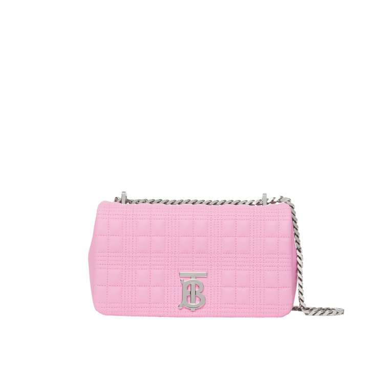 BURBERRY櫻草粉紅色小型絎縫格紋羔羊皮Lola包，69,000元。圖／BU...