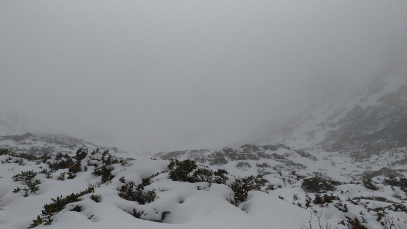 雪霸三六九山莊昨上午飄雪，雪山圈谷積雪更深達七十公分。圖／雪霸國家公園管理處提供