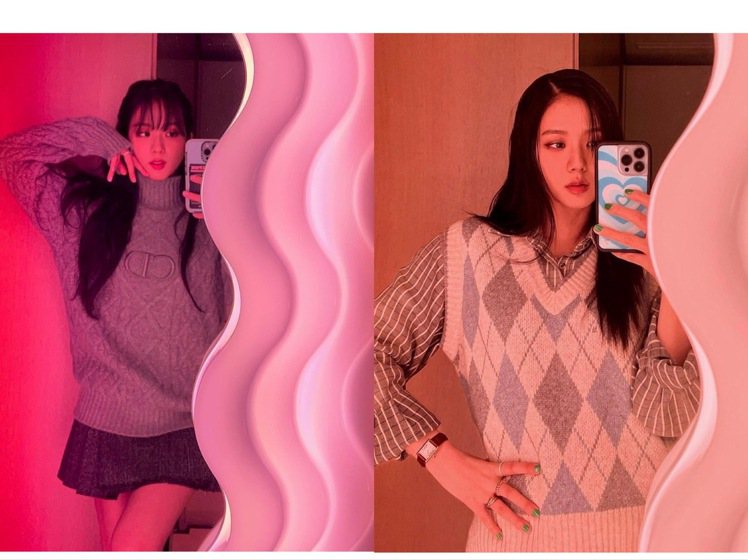 Jisoo熱愛在Ultrafragola波浪鏡前拍攝穿搭照，左側的Dior毛衣和...