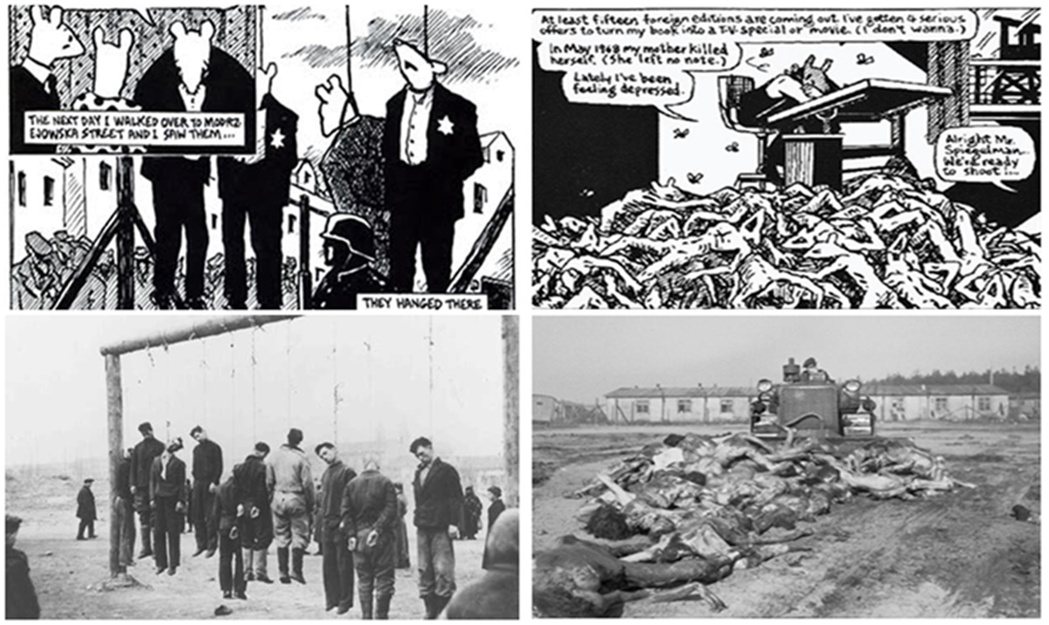 上圖為鼠族漫畫內容，左下圖為反納粹的波蘭游擊隊遭吊死的照片、右下為安妮法蘭克被送...