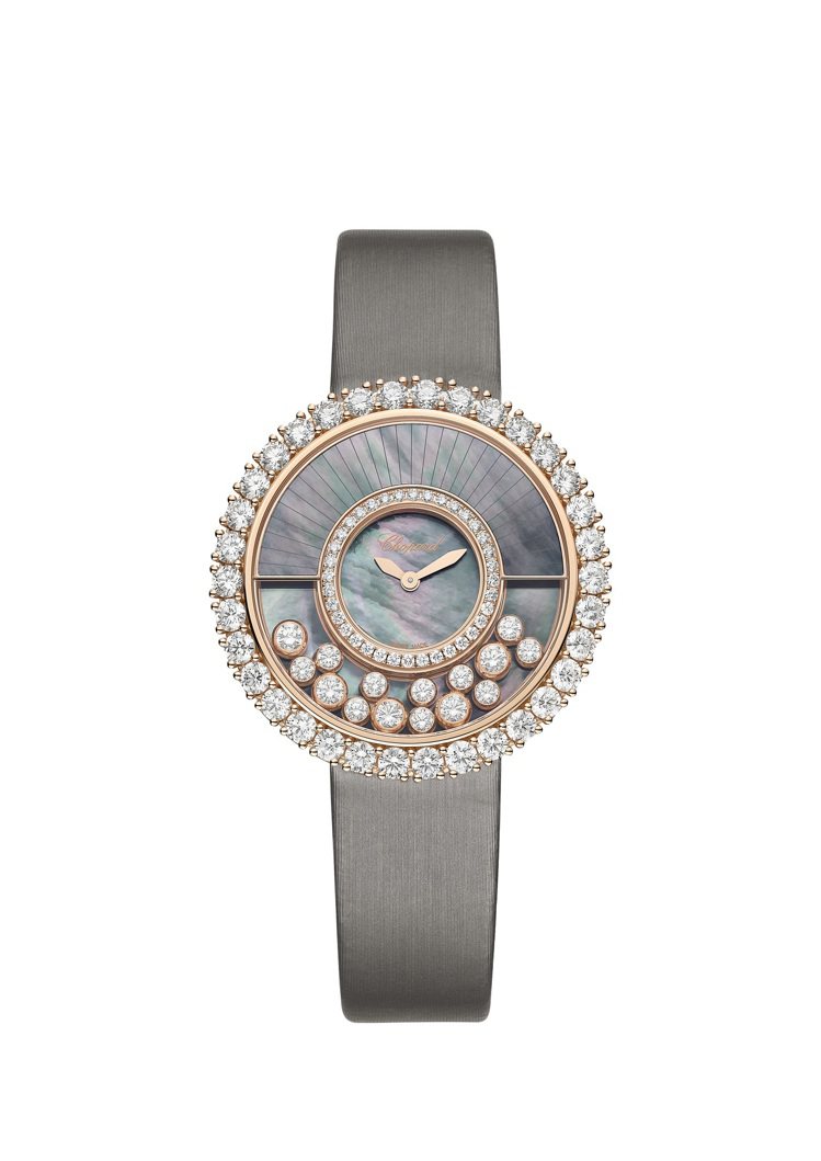 Happy Diamonds復刻造型腕表，倫理道德標準之18K玫瑰金鑲嵌鑽石、黑色大溪地珍珠母貝表盤配5顆大和10顆小的兩種不同大小滑動鑽石，161萬元。圖／蕭邦提供