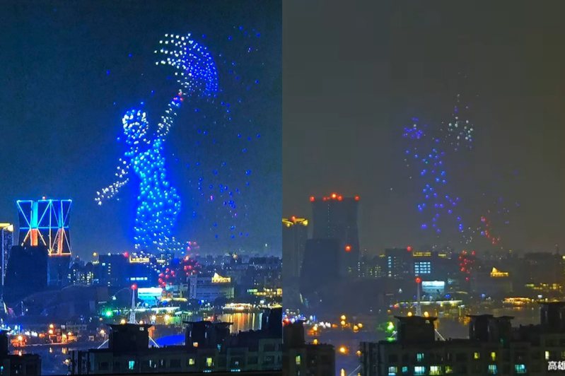 2月24日台灣燈會無人機展演出包，原本生動的「戴資穎跳殺」的圖形（見圖左），當天展演也幾乎無法呈現（見圖右）。圖／截自史哲臉書、截自公視直播畫面
