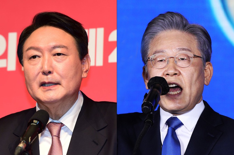 南韓3月9日即將舉行總統大選，最大在野黨國民力量候選人尹錫悅（左）和執政黨共同民主黨候選人李在明（右）的民調支持度始終難分高下。歐新社
