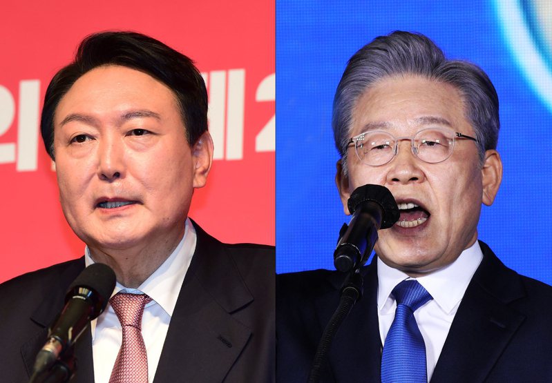 南韓3月9日即將舉行總統大選，最大在野黨國民力量候選人尹錫悅（左）和執政黨共同民主黨候選人李在明（右）的民調支持度始終難分高下。歐新社