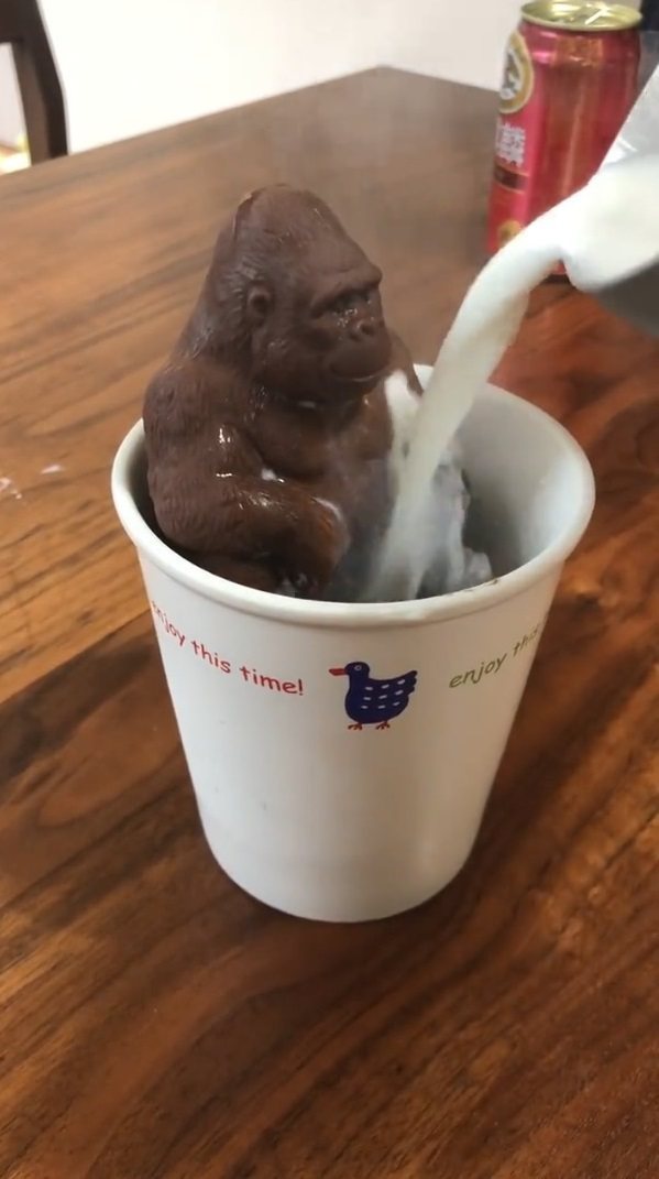 日本網友本來想看到「巧克力大猩猩泡溫泉」，淋上熱牛奶後卻發現大猩猩瞬間融化。圖擷取自twitter