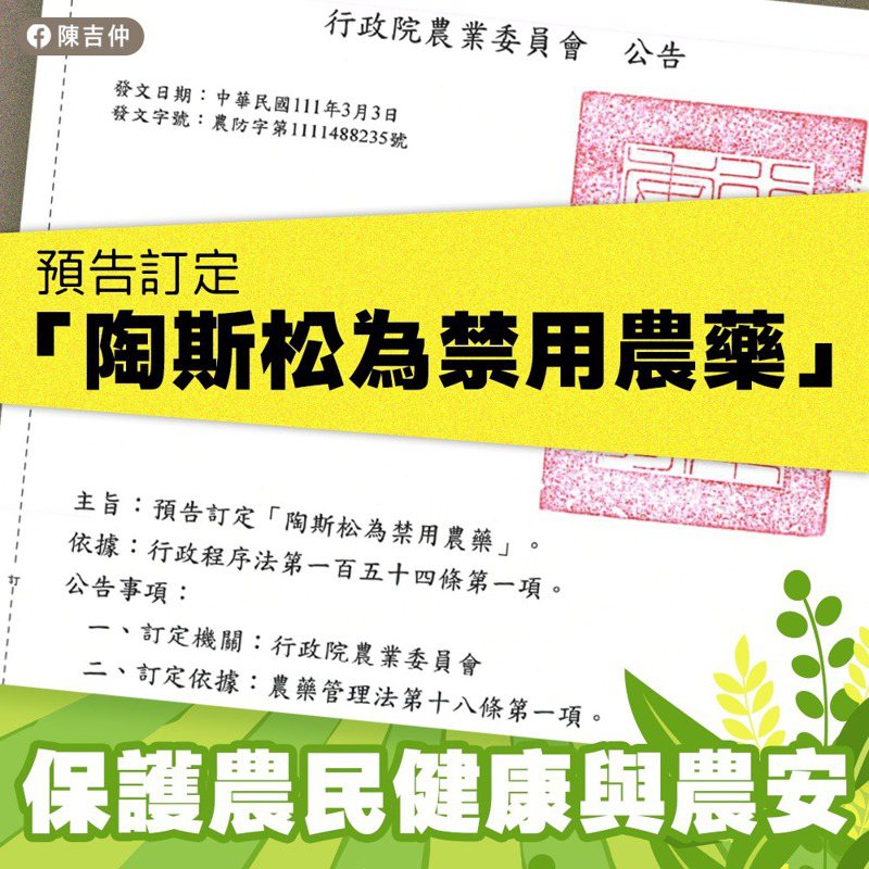 農委會防檢局日前預告將訂定「陶斯松為禁用農藥」。圖／取自陳吉仲臉書