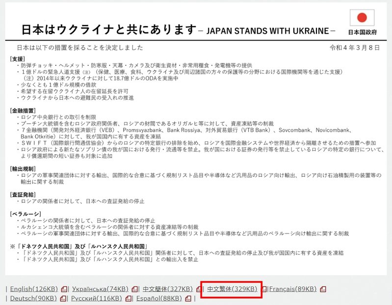 日本政府针对乌克兰局势的应对措施，推出多种语言翻译，其中也包括繁体中文版。图／翻摄自首相官邸(photo:UDN)