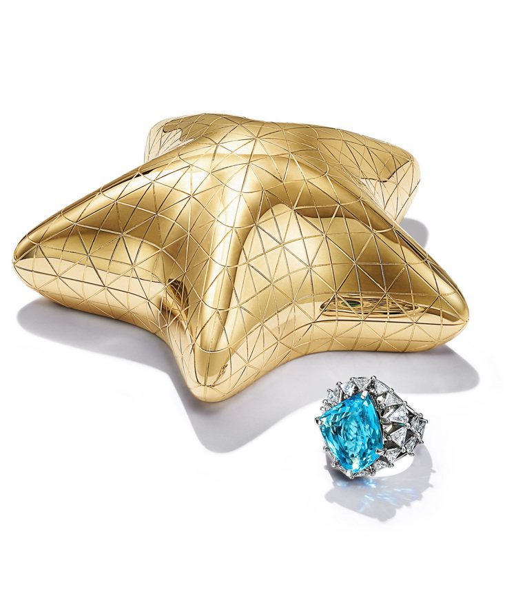 Tiffany高級珠寶系列18K金星形珠寶盒戒指鑲嵌逾11克拉不對稱切割銅鋰碧璽...