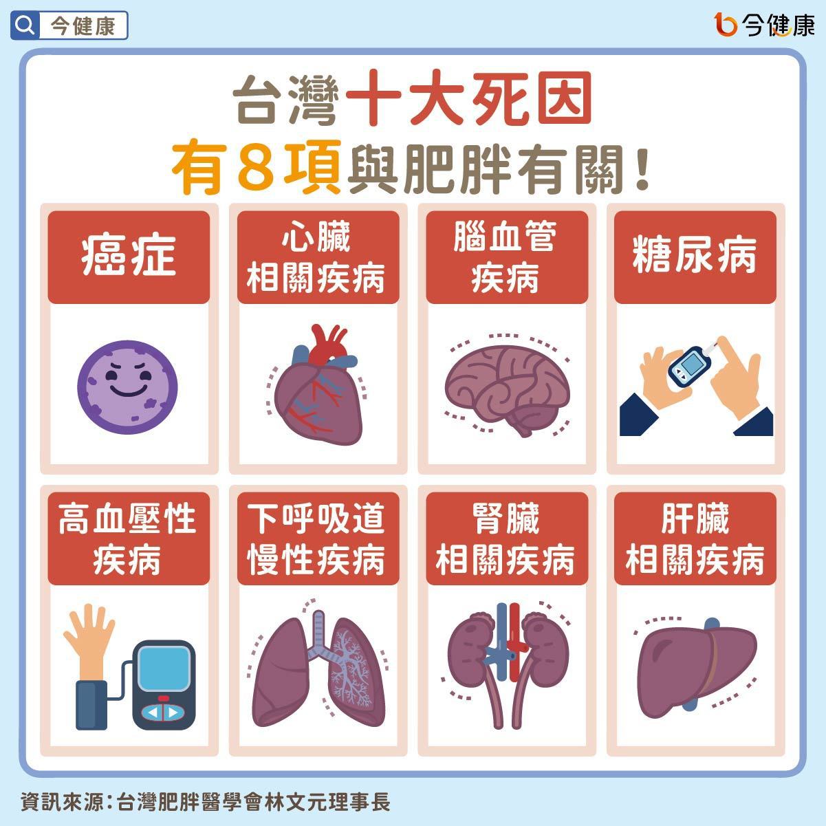 台灣十大死因有8項與肥胖有關！<br />圖／今健康提供
