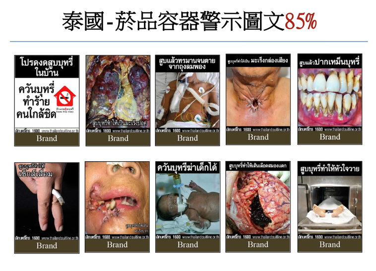 泰國菸盒包裝警示圖文，以盒裝面積85%、大幅真實圖片呈現吸菸導致器官受損的模樣。...