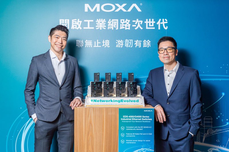 Moxa台灣區總經理林世偉（左）與Moxa 工業乙太網路產品事業處經理張功業（右），公開Moxa次世代工業網路解決方案。圖／Moxa提供
