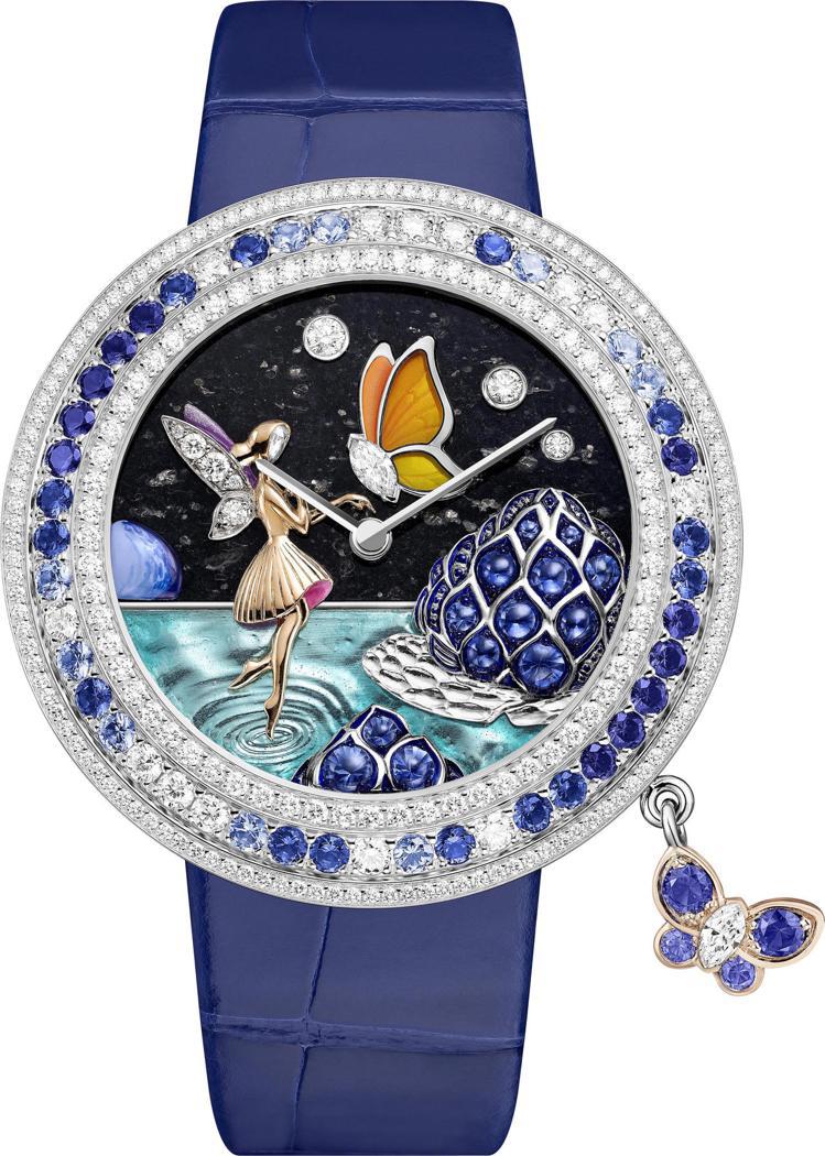 梵克雅寶，Charms Papillon Féerique腕表，38K白金、鑲嵌鑽石、藍寶石，彩繪玻璃琺瑯、微型彩繪，訂價約247萬元。圖 / 梵克雅寶提供