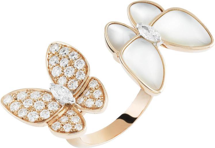 梵克雅寶Two Butterfly指間戒，玫瑰金、珍珠母貝、鑽石，57萬5,000元。圖 / 梵克雅寶提供