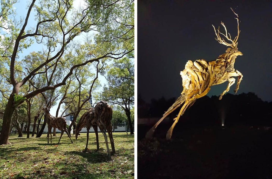 藝術家王偉權運用園區廢棄木與撿拾而來漂流木，創造鹿雕塑。 圖／胡氏藝術提供