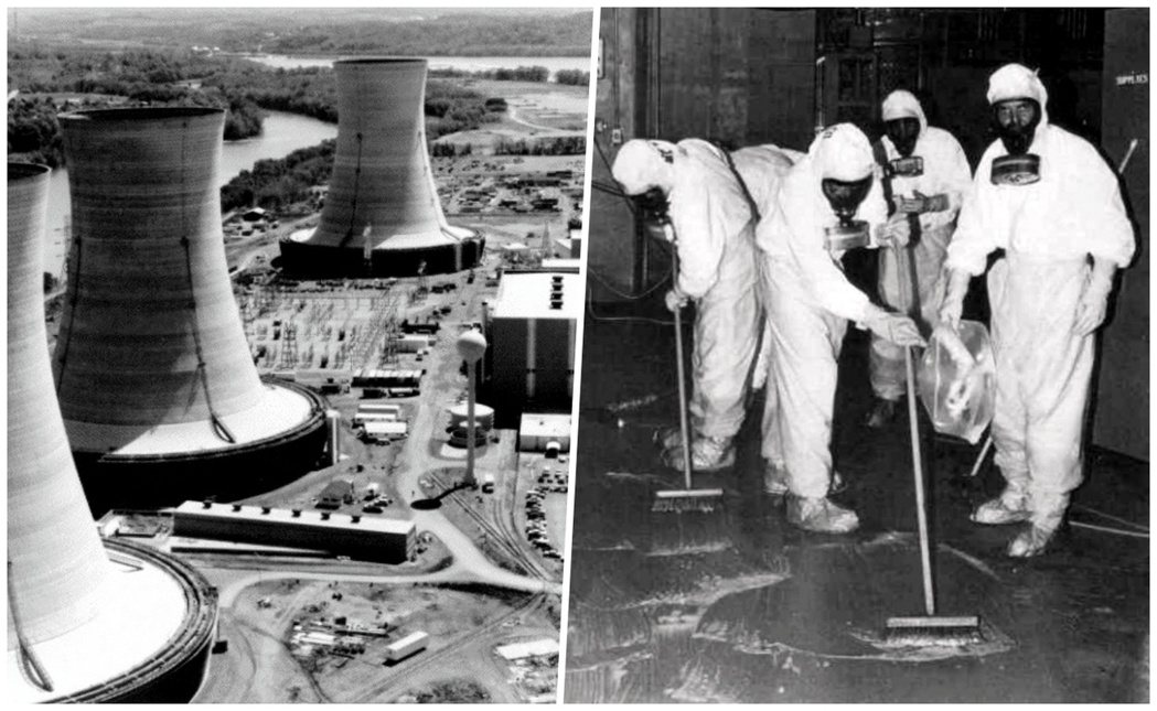 左為三哩島核電廠，右為事件發生後，工作人員清理放射性污染。 圖／維基共享