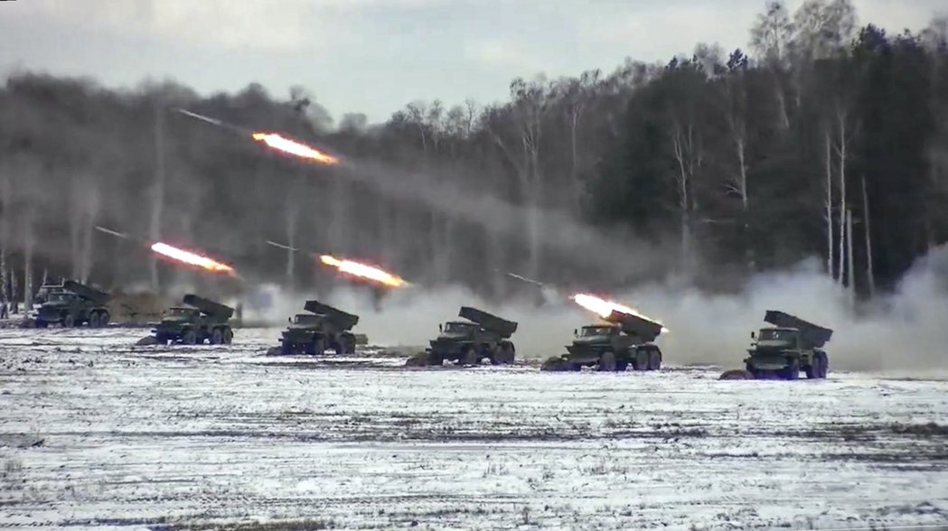 2月14日，俄羅斯與白俄羅斯的聯合軍演。 圖／美聯社 