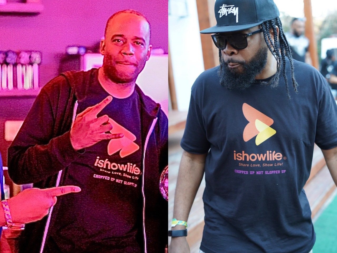  美國知名音樂人DJ Ron C (左)與DJ Candlestick(右）穿著ishowlife logo 衣服在SXSW會場中支持直播公益活動。創意點子/提供