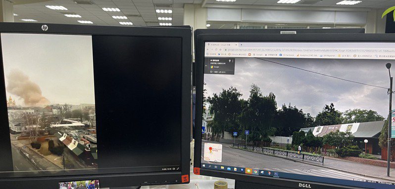 哈爾科夫市中心遭俄羅斯轟炸，社群網站轉傳冒煙燃燒影片（左），攝影記者利用Google Map街景（右）找出影片內的麥當勞比對相關位置，確認影片真實。 記者陳易辰／攝影