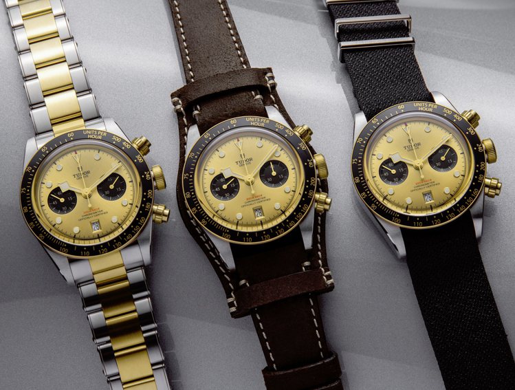 Black Bay S&G Chrono計時碼表便採用香檳金色搭配黑色次表盤（sub-dial），奢華也愛「眼」，價格由19萬至23萬500元不等。圖 / 帝舵表提供