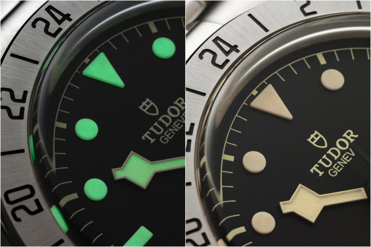 帝舵今年新款碧灣系列Black Bay Pro腕表，融合夜光塗料與陶瓷粉打造的時標，將在夜間散發出綠色夜光。圖 / 帝舵表提供