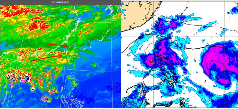 今晨紅外線雲圖顯示，源自中南半島熱帶雲系挾華南雲系逐漸接近（左圖）。歐洲（ECMWF）模式模擬10日20時地面及降水圖顯示，南海及菲律賓東方海域各有熱帶擾動活動的跡象（右圖）。圖／取自「三立準氣象．老大洩天機」專欄