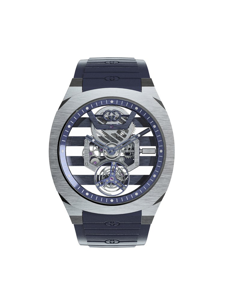 GUCCI 25H 18K白金腕表搭配午夜藍橡膠表帶，訂價420萬元，也是今年最為搶眼的重點表款。圖 / GUCCI提供