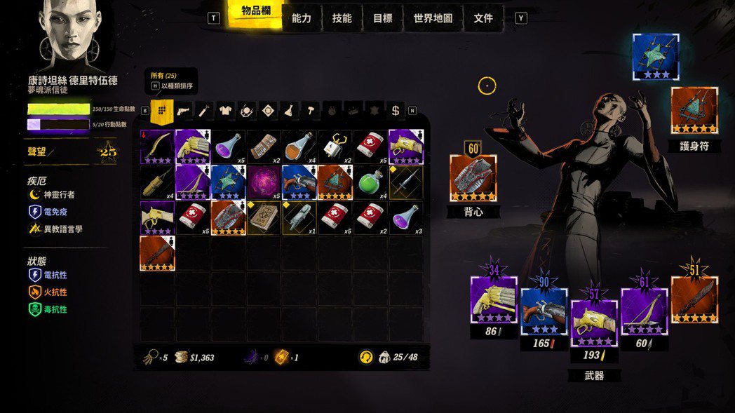 角色可以裝備五件武器、一件背心與兩件護符，但幾乎沒有獨特的物品。