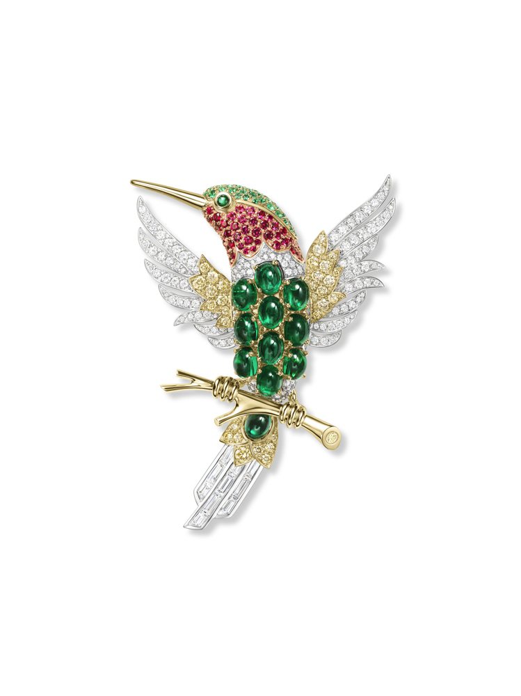 海瑞溫斯頓Marvelous Creations頂級珠寶系列 Hummingbird蜂鳥胸針，18K黃金及鉑金鑲嵌祖母綠、黃鑽、紅寶石、鑽石。圖／海瑞溫斯頓提供